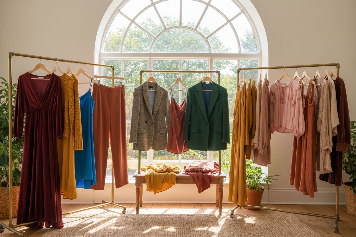 Bannière colorée avec vêtements contemporains et vintage